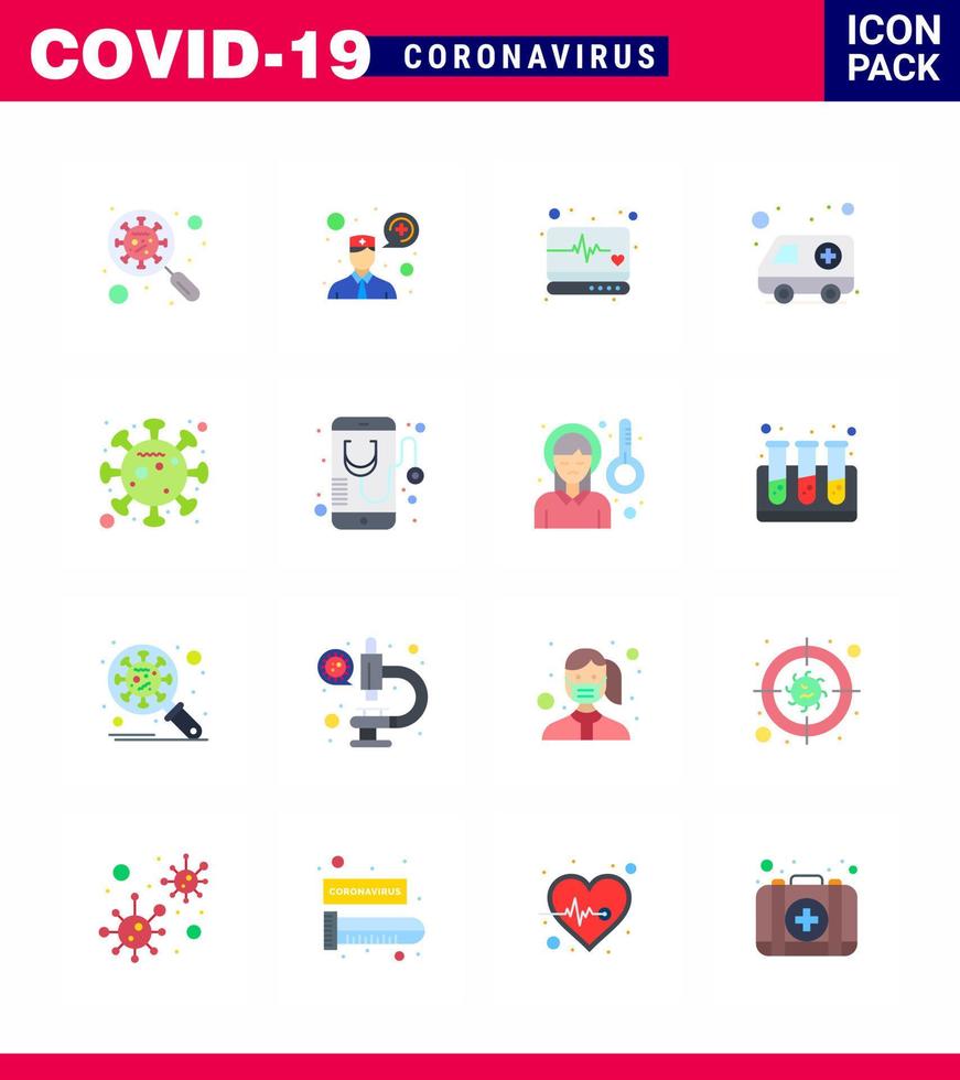 Coronavirus Prevention Set Icons 16 Flat Color icon such as corona hospital communication car medical monitor viral coronavirus 2019nov disease Vector Design Elements