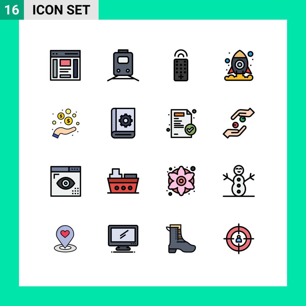 Mobile Interface Flat Color Filled Line Set of 16 Pictograms of income space transportation shuttle tv Editable Creative Vector Design Elements