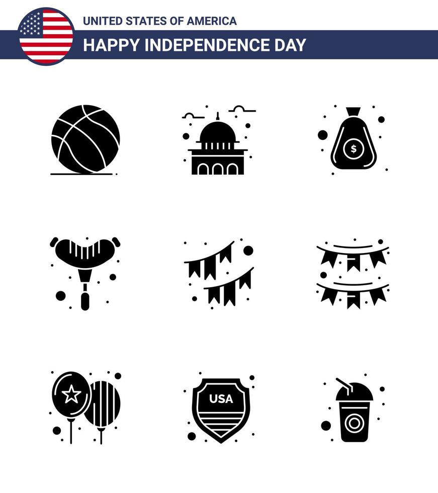 Set of 9 USA Day Icons American Symbols Independence Day Signs for buntings sausage white frankfurter cash Editable USA Day Vector Design Elements