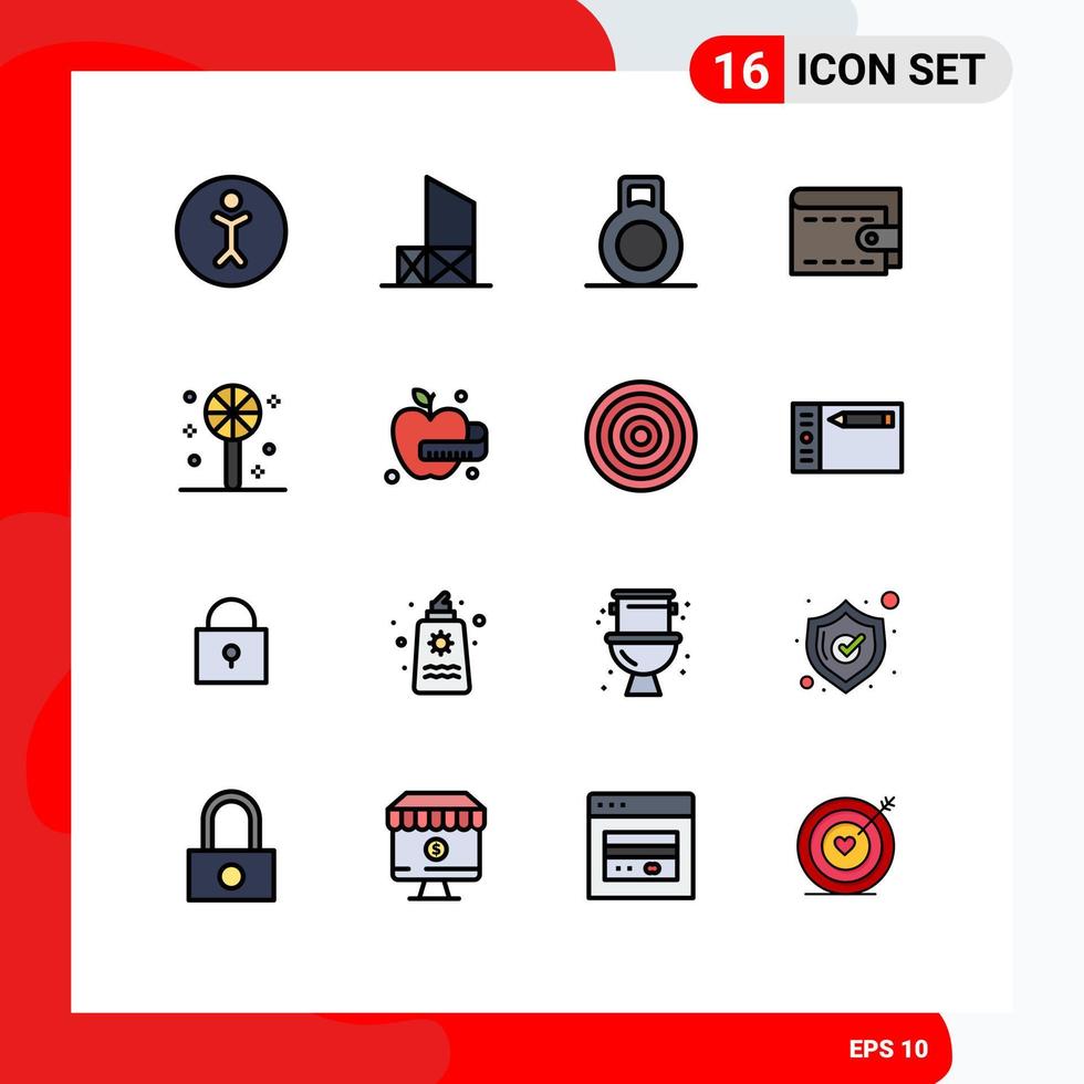 Mobile Interface Flat Color Filled Line Set of 16 Pictograms of board medical apple dumbbell holiday candy Editable Creative Vector Design Elements