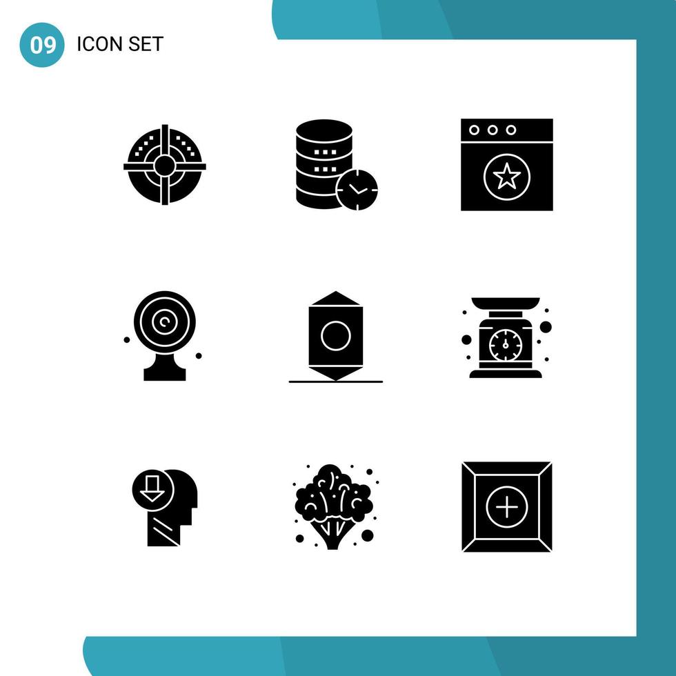 Mobile Interface Solid Glyph Set of 9 Pictograms of candy news target watch media target aim board Editable Vector Design Elements