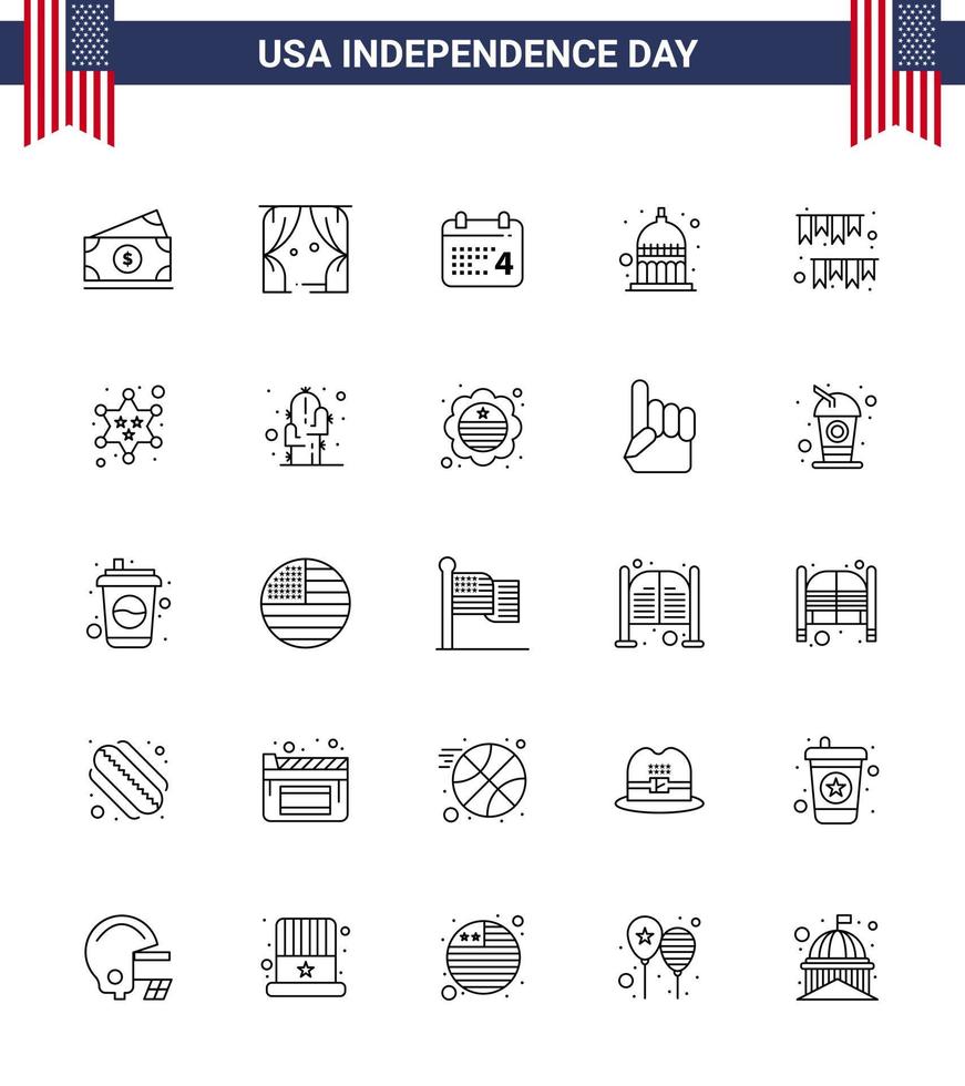 paquete de 25 líneas de estados unidos de signos y símbolos del día de la independencia de garland usa calender statehouse indiana editable usa day elementos de diseño vectorial vector