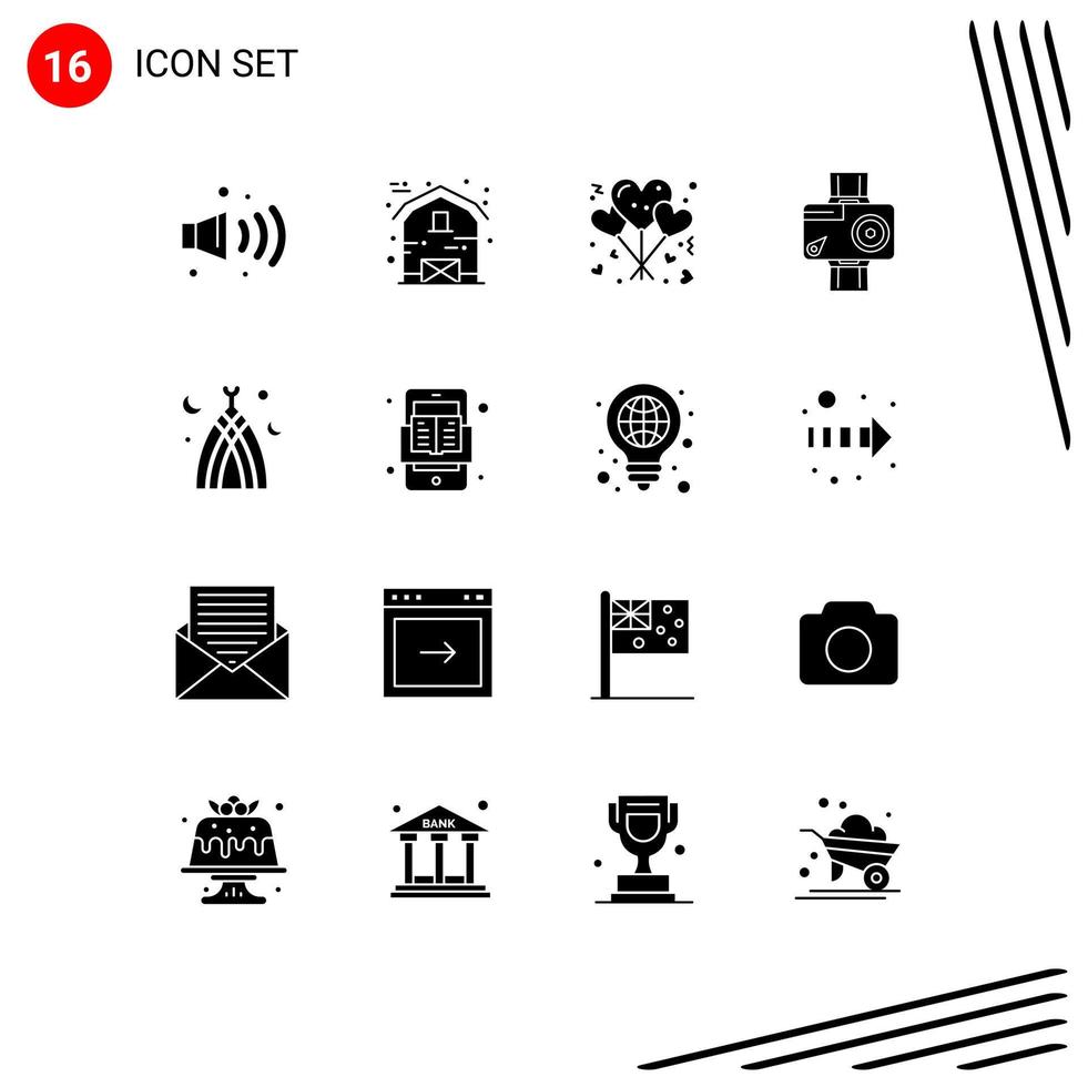 16 Thematic Vector Solid Glyphs and Editable Symbols of month photo lifestyle video action Editable Vector Design Elements