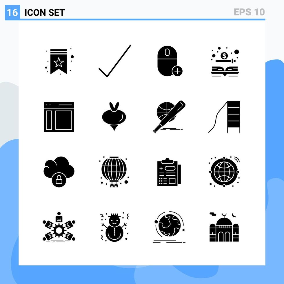 moderno 16 iconos de estilo sólido símbolos de glifo para uso general signo de icono sólido creativo aislado sobre fondo blanco paquete de 16 iconos vector