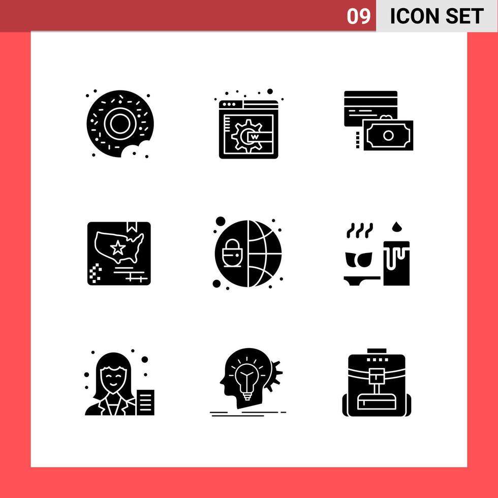 9 Icon Pack Solid Style Glyph Symbols on White Background Simple Signs for general designing vector