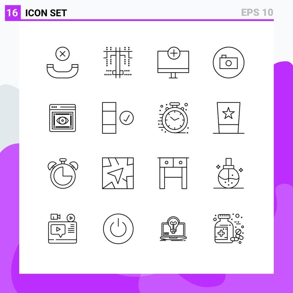 Group of 16 Modern Outlines Set for visibility eye devices multimedia media Editable Vector Design Elements