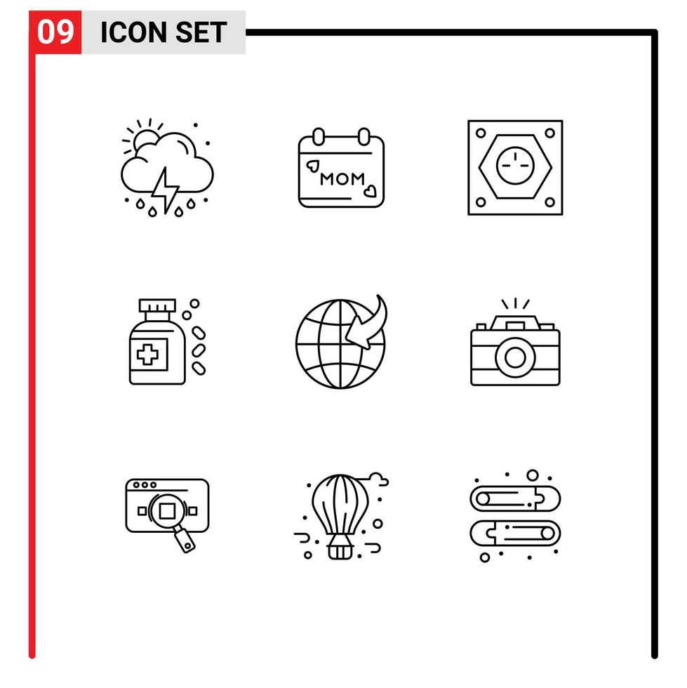 Modern Set of 9 Outlines Pictograph of globe tablet electric medicine socket Editable Vector Design Elements