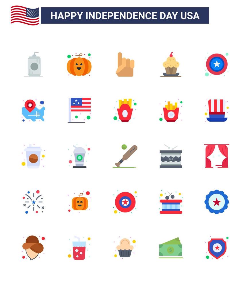 Happy Independence Day 4th July Set of 25 Flats American Pictograph of police thanksgiving hand sweet dessert Editable USA Day Vector Design Elements