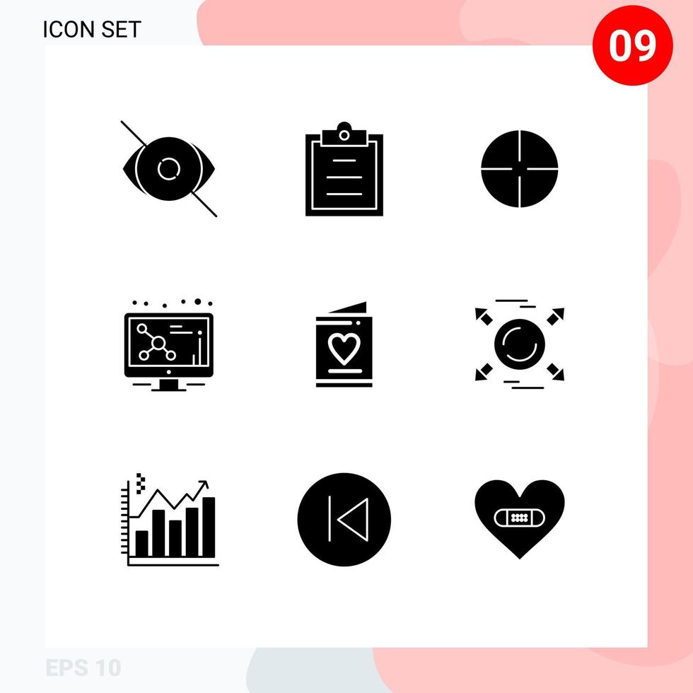 Mobile Interface Solid Glyph Set of 9 Pictograms of invitation molecule fitness screen atom Editable Vector Design Elements