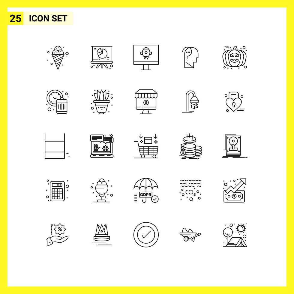 Stock Vector Icon Pack of 25 Line Signs and Symbols for pumpkin face computer question confuse brain Editable Vector Design Elements