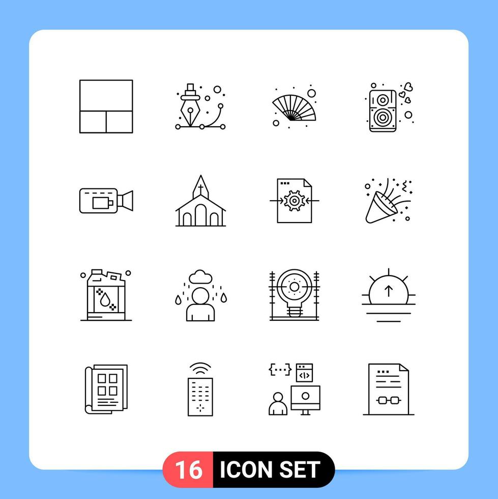 Universal Icon Symbols Group of 16 Modern Outlines of record cam hand fan speaker loud Editable Vector Design Elements