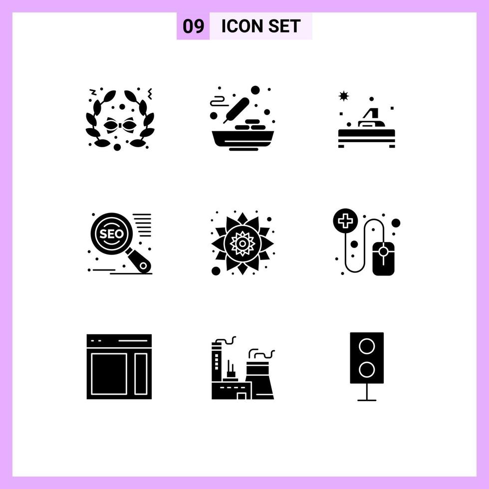 9 User Interface Solid Glyph Pack of modern Signs and Symbols of online pattern spa india seo Editable Vector Design Elements