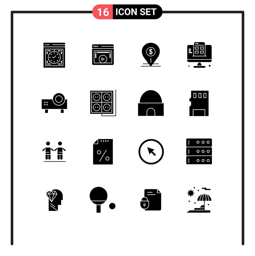 Solid Glyph Pack of 16 Universal Symbols of web page business video bank map Editable Vector Design Elements