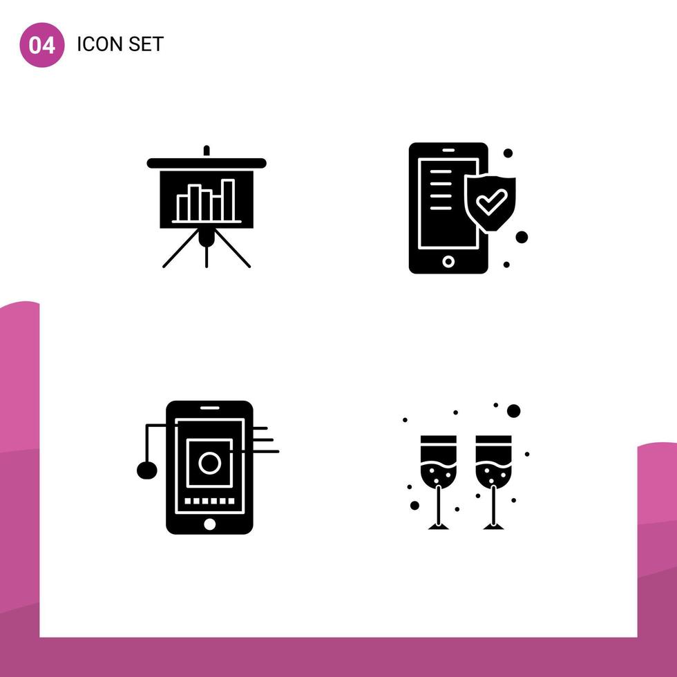 4 Universal Solid Glyph Signs Symbols of presentation cell report security network Editable Vector Design Elements