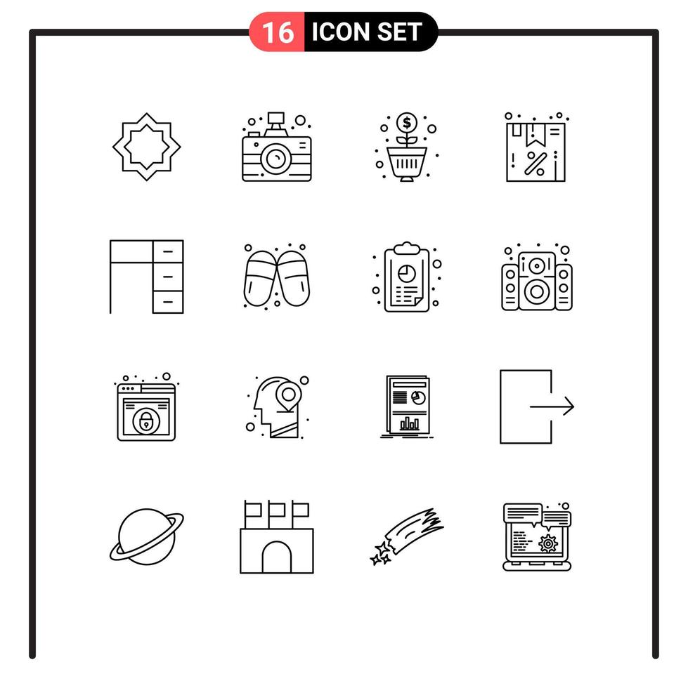conjunto de pictogramas de 16 contornos simples de paquete de noticias de venta de escritorio elementos de diseño vectorial editables de dinero vector
