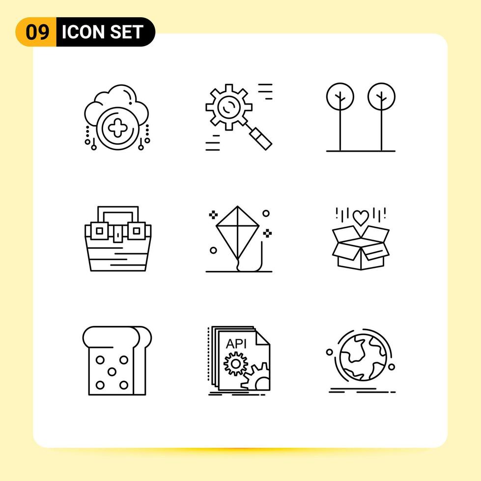 9 Thematic Vector Outlines and Editable Symbols of toolkit construction process box plant Editable Vector Design Elements
