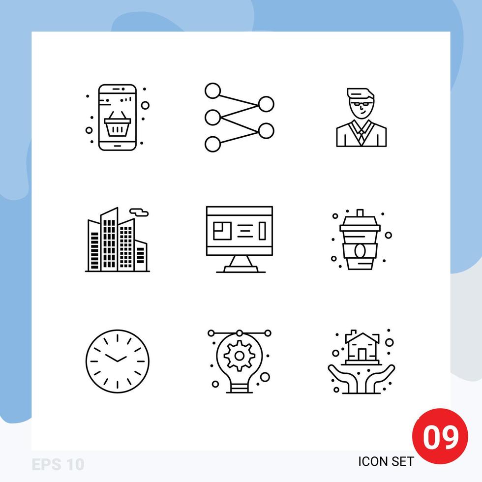 Set of 9 Commercial Outlines pack for construction architecture man skyscraper building Editable Vector Design Elements