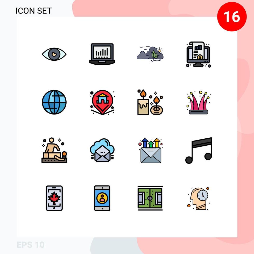 Modern Set of 16 Flat Color Filled Lines and symbols such as money monitor mountain kpi tree Editable Creative Vector Design Elements