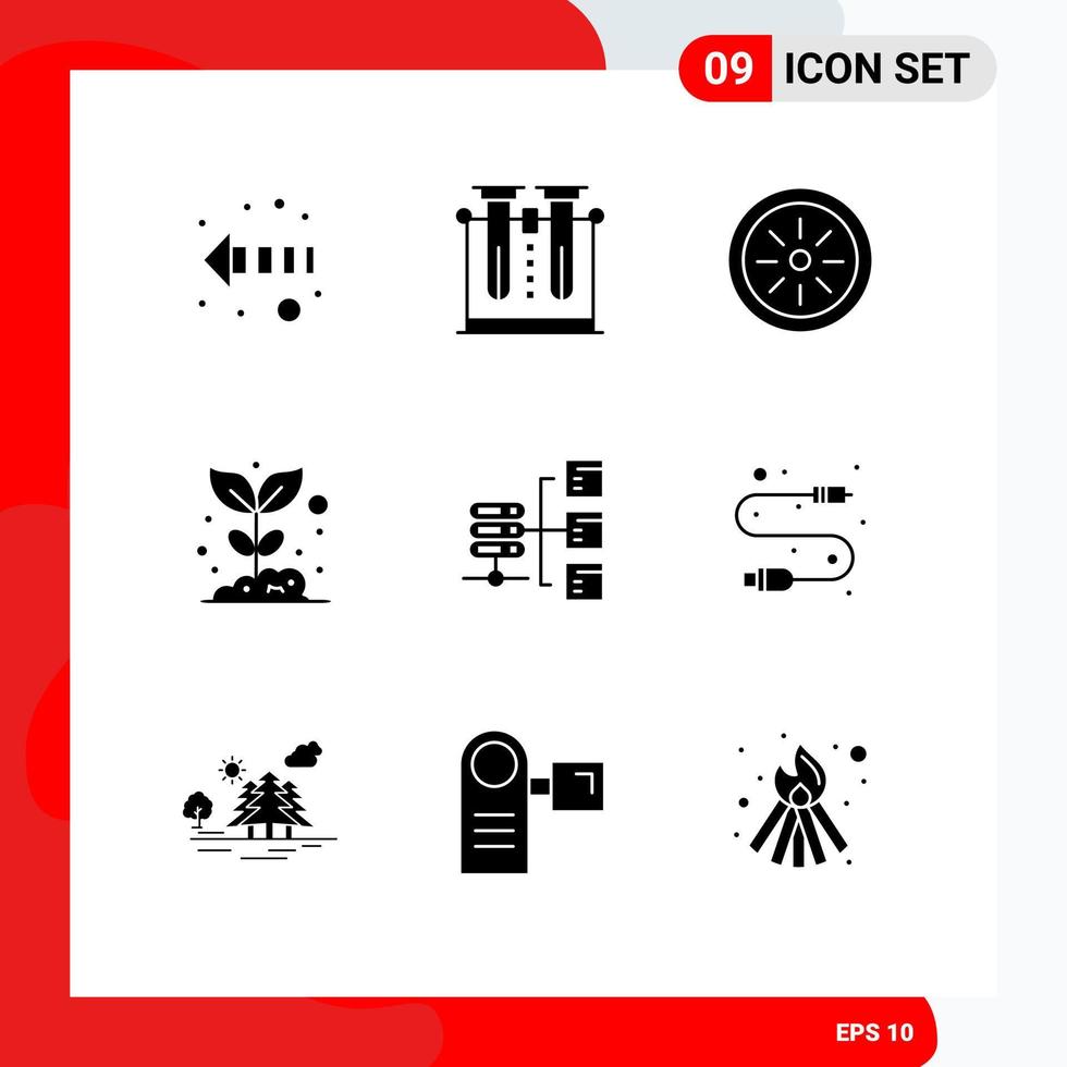 9 User Interface Solid Glyph Pack of modern Signs and Symbols of server plant food nature farming Editable Vector Design Elements