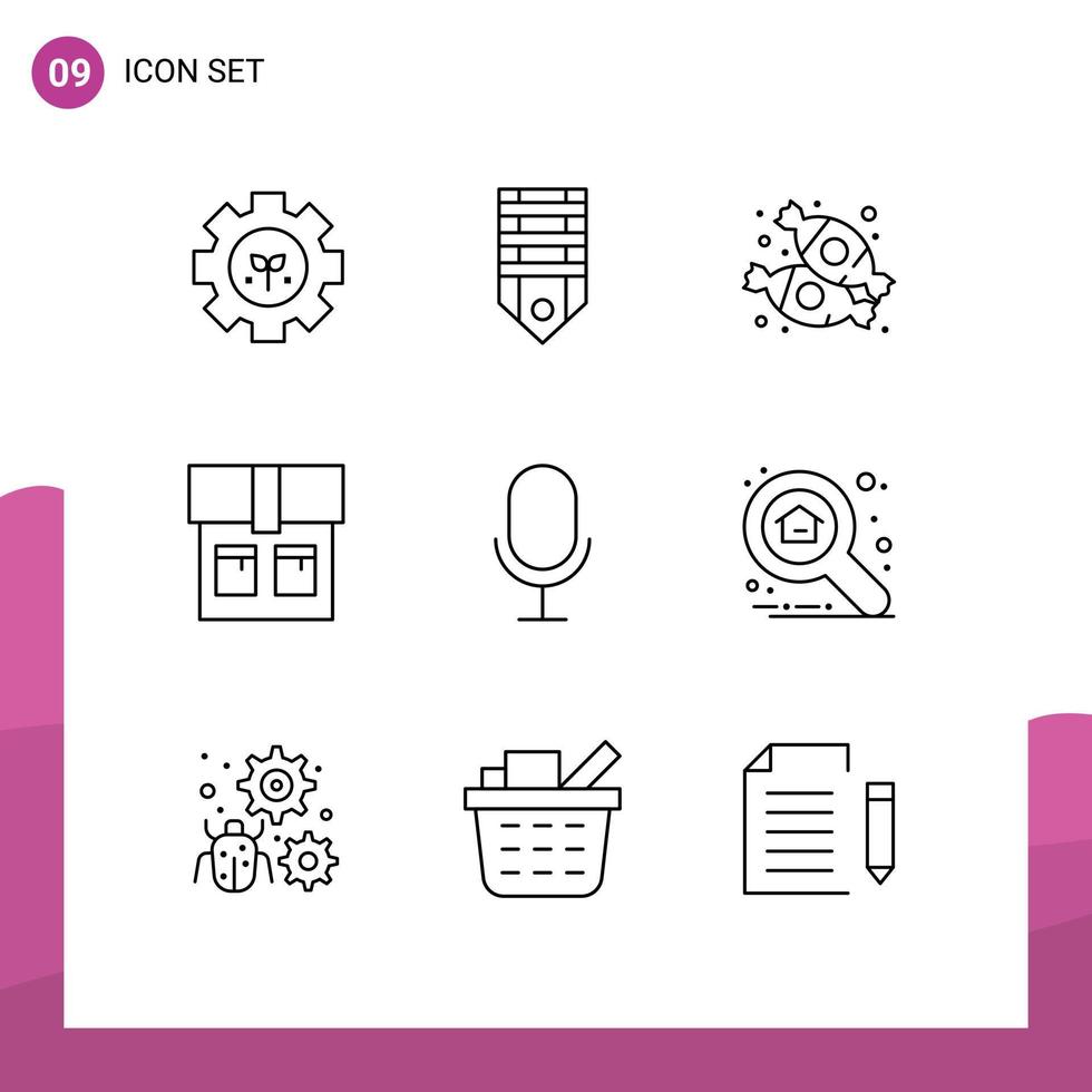 Group of 9 Modern Outlines Set for record mic tag fashion sweets Editable Vector Design Elements