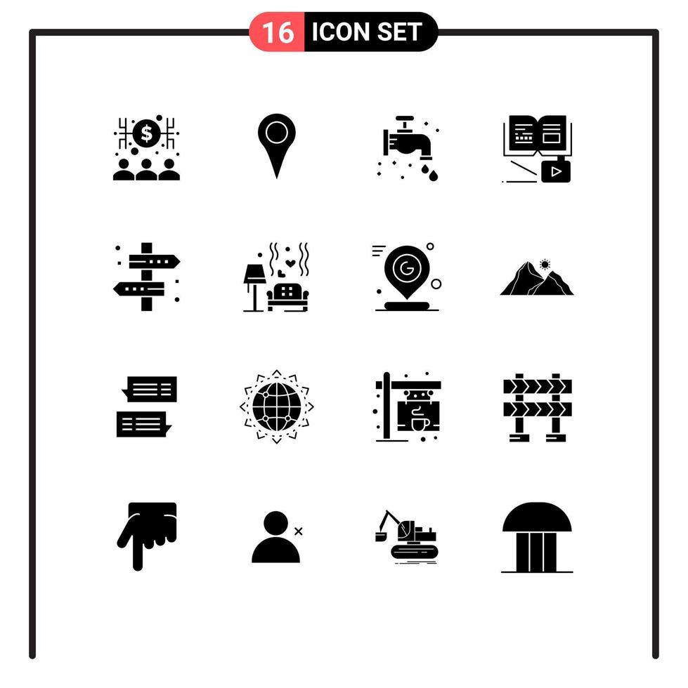 16 Thematic Vector Solid Glyphs and Editable Symbols of map education faucet growth knowledge growth Editable Vector Design Elements