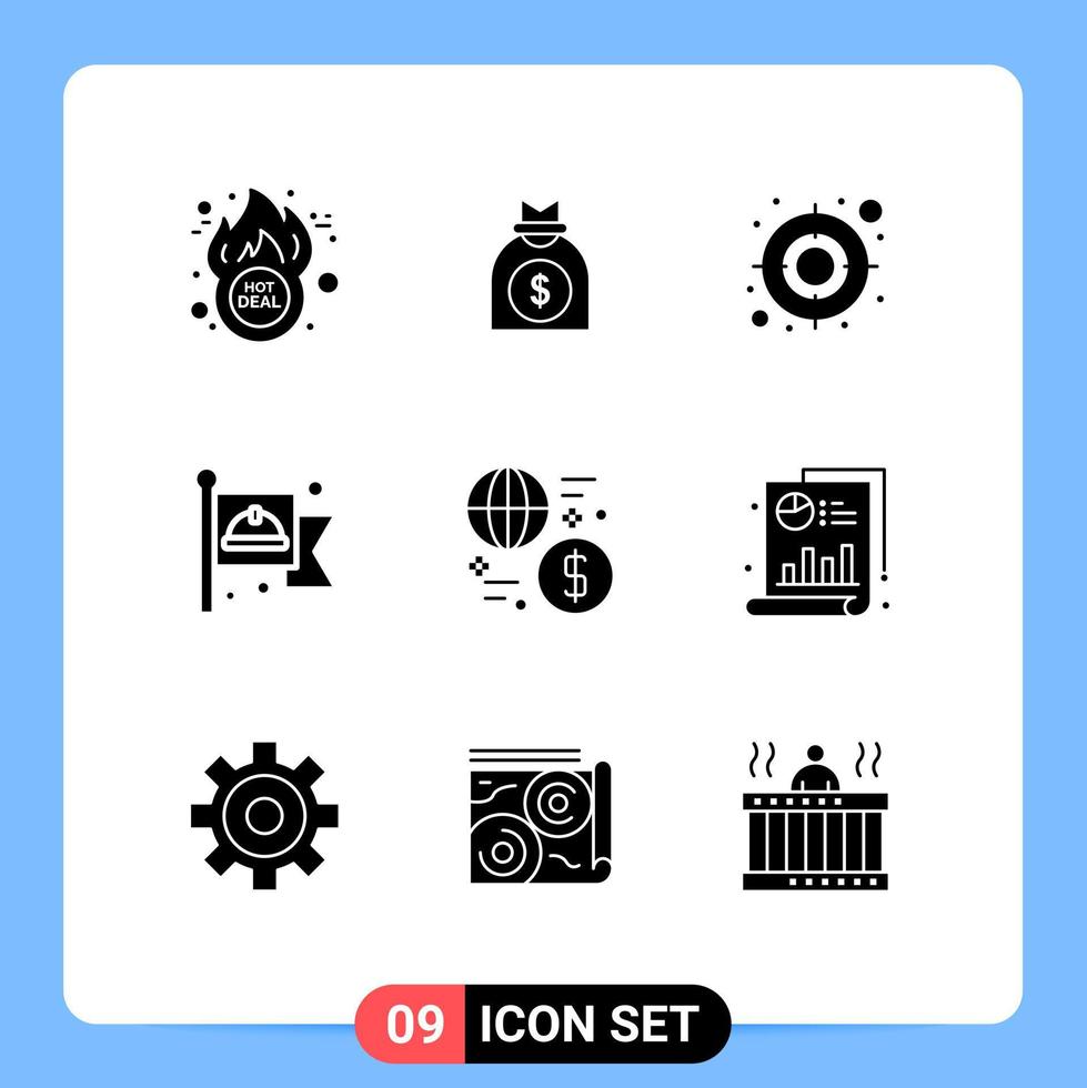 9 Universal Solid Glyph Signs Symbols of global currency audience labour flag Editable Vector Design Elements
