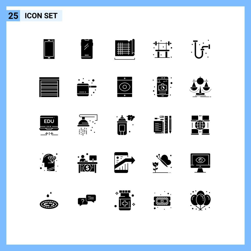 Mobile Interface Solid Glyph Set of 25 Pictograms of door industrial map drain gym Editable Vector Design Elements
