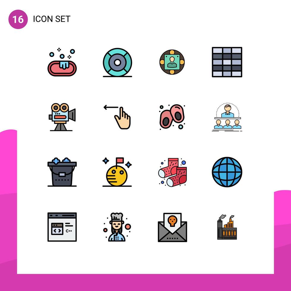 Set of 16 Vector Flat Color Filled Lines on Grid for film camera manager wireframe production Editable Creative Vector Design Elements