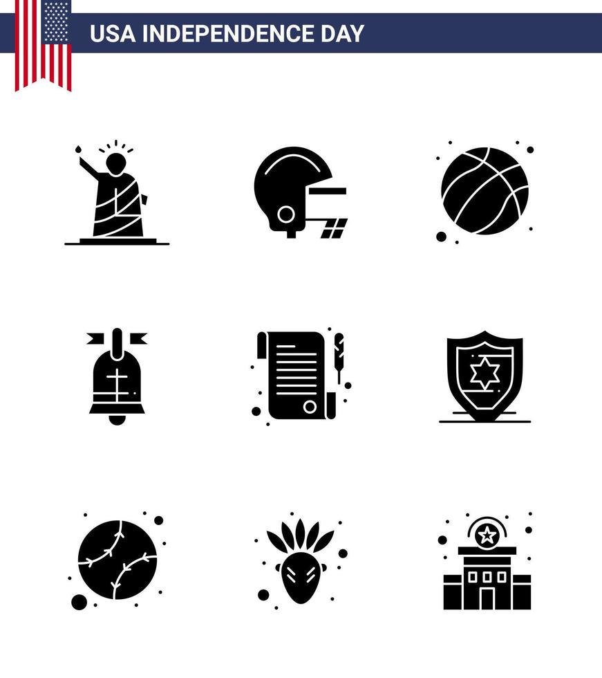 Editable Vector Line Pack of USA Day 9 Simple Solid Glyphs of receipt usa american american ball Editable USA Day Vector Design Elements