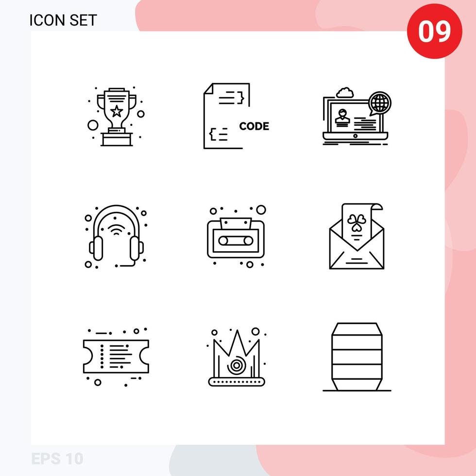 Pictogram Set of 9 Simple Outlines of headphone gadget document device seminar Editable Vector Design Elements