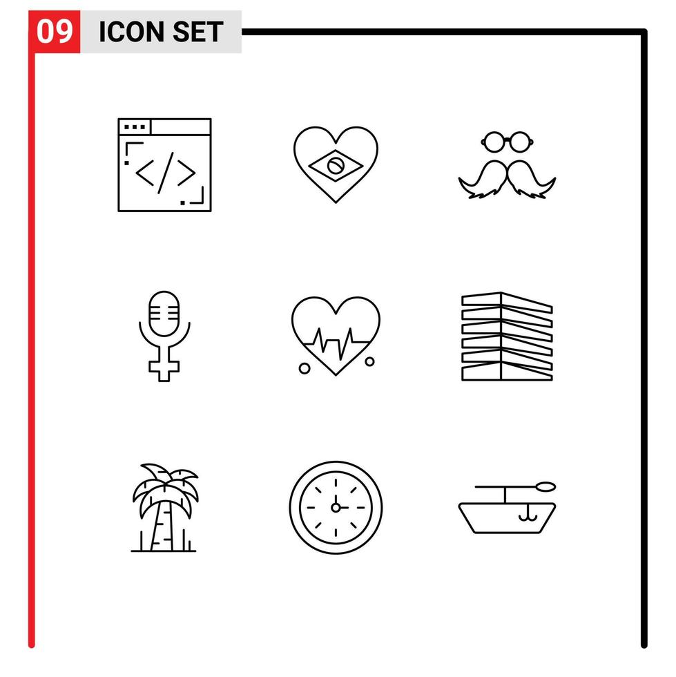 9 Universal Outlines Set for Web and Mobile Applications building heart hipster medical microphone Editable Vector Design Elements