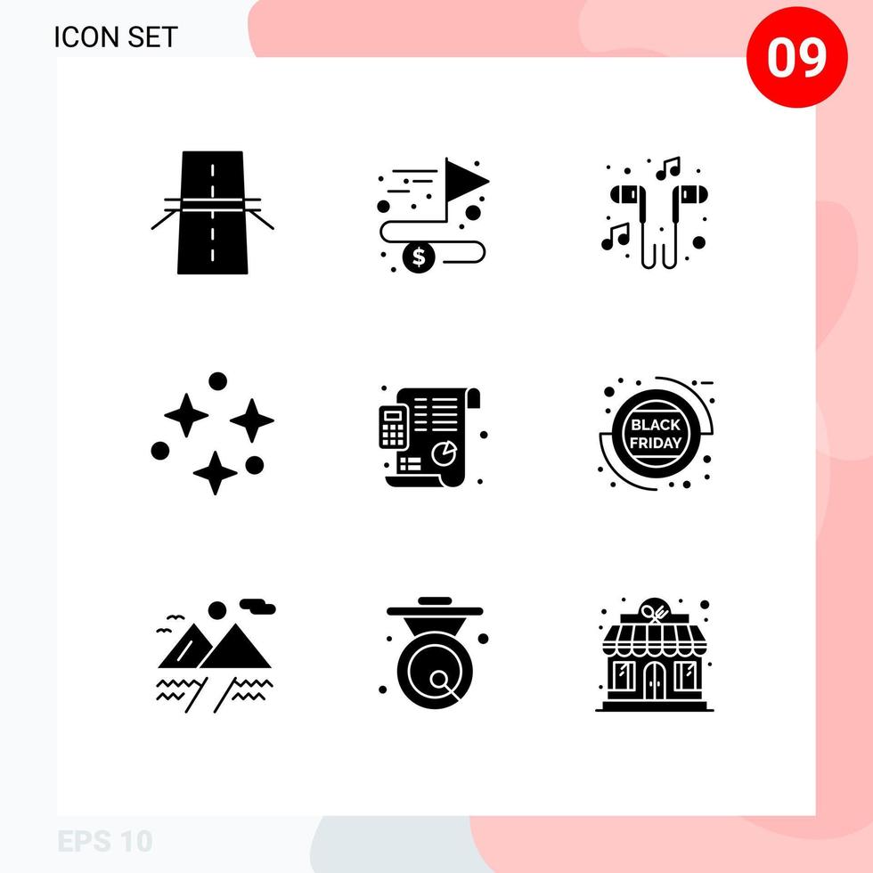 Set of 9 Commercial Solid Glyphs pack for stars sky goal nature smartphone Editable Vector Design Elements