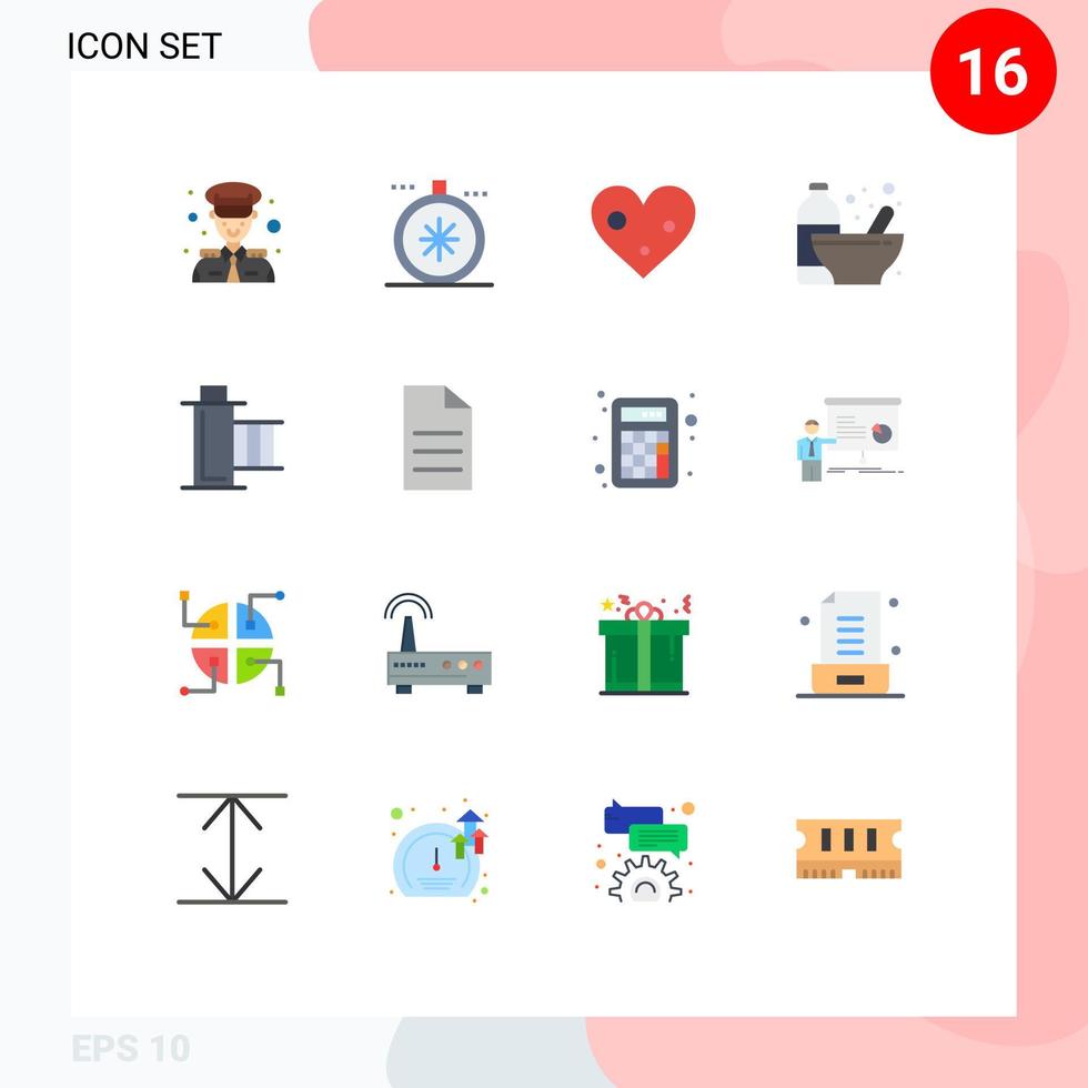 Pack of 16 Modern Flat Colors Signs and Symbols for Web Print Media such as cinema nutrition heart diet bodybuilding Editable Pack of Creative Vector Design Elements