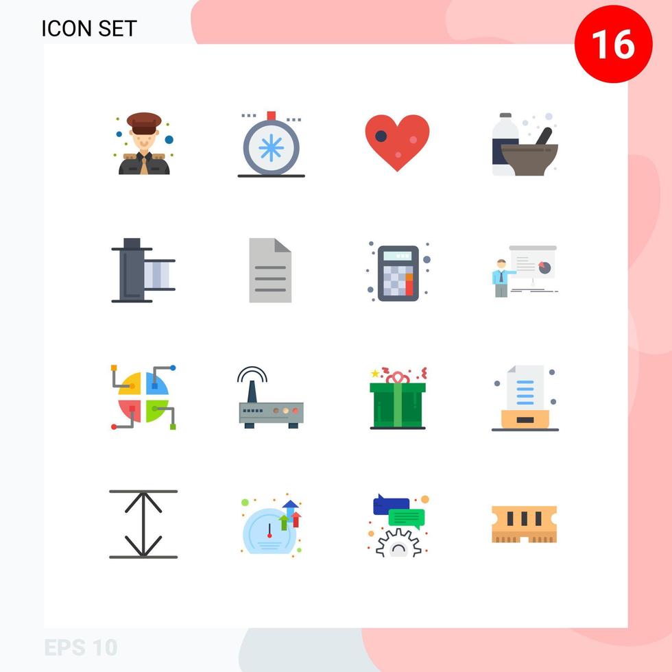 paquete de 16 signos y símbolos de colores planos modernos para medios impresos web como cine nutrición corazón dieta culturismo paquete editable de elementos creativos de diseño de vectores