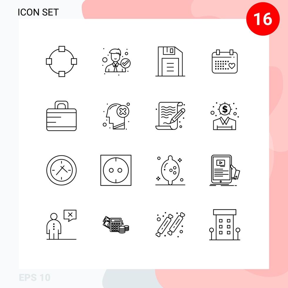 Editable Vector Line Pack of 16 Simple Outlines of suitcase bag floppy disk wedding day Editable Vector Design Elements