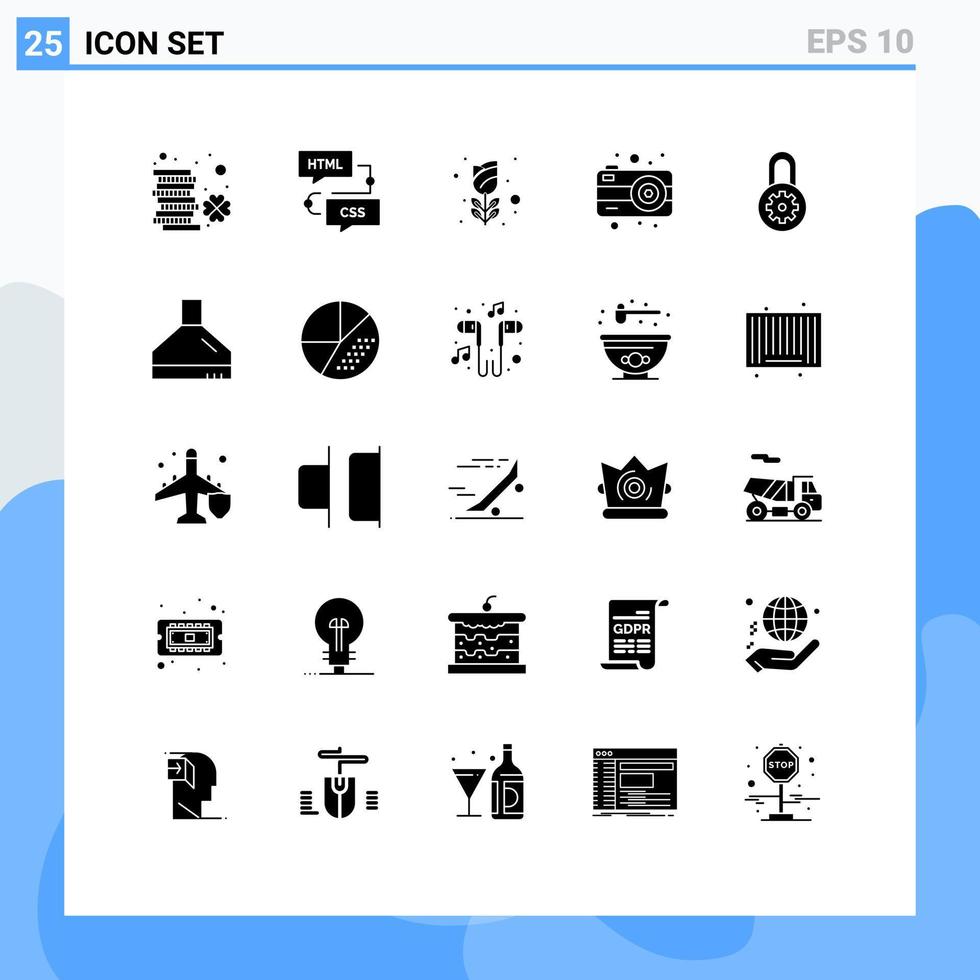 conjunto de pictogramas de 25 glifos sólidos simples de control diagrama de flujo de fotos cámara romance elementos de diseño vectorial editables vector