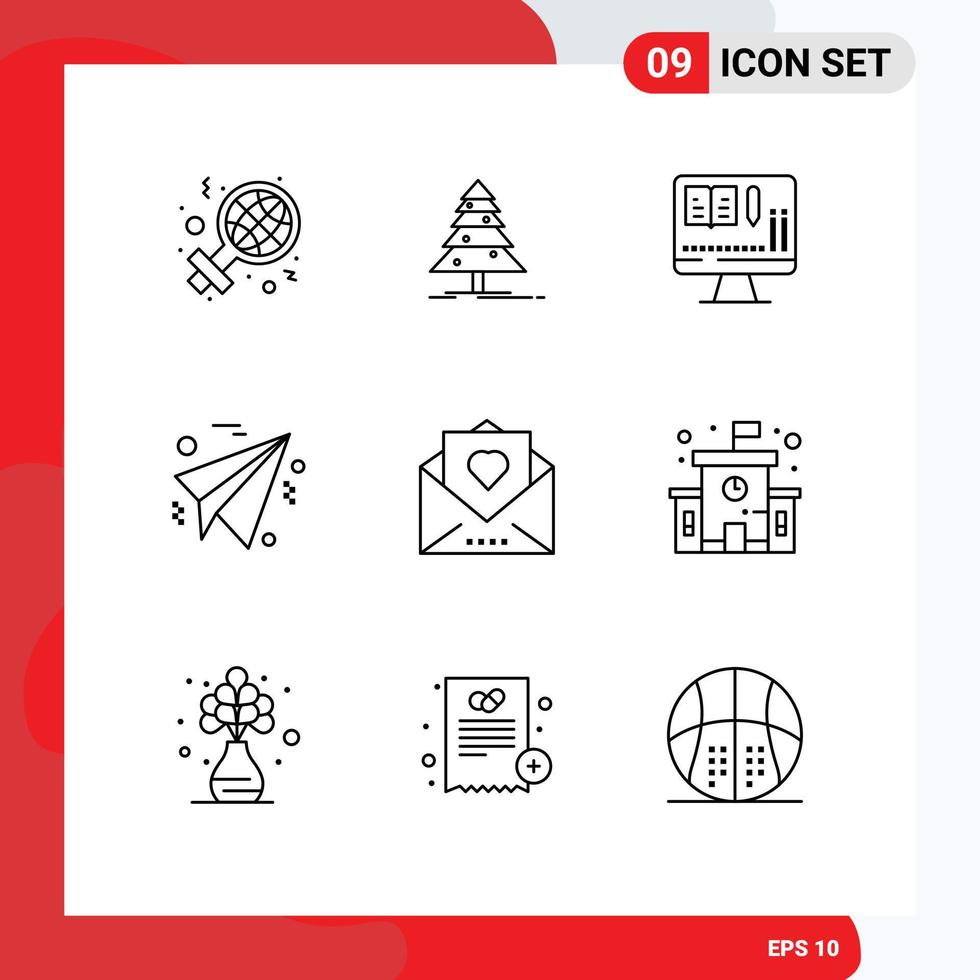 Pack of 9 Modern Outlines Signs and Symbols for Web Print Media such as mail love monitor heart plane Editable Vector Design Elements