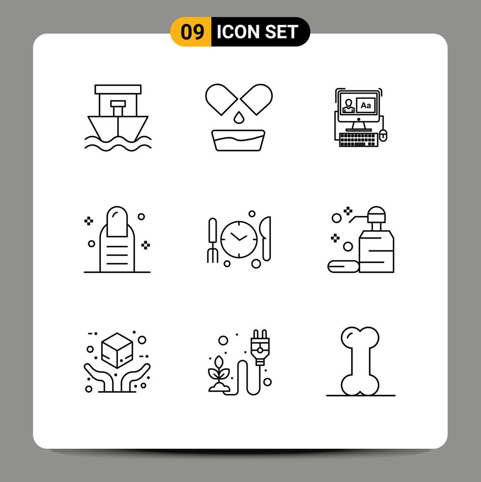 Mobile Interface Outline Set of 9 Pictograms of care dnner screen medical pedicure Editable Vector Design Elements