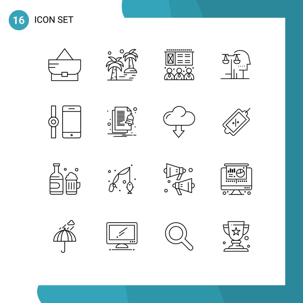 conjunto moderno de 16 esquemas pictográficos de elementos de diseño de vectores editables del tribunal de juicio de la ley de reloj inteligente