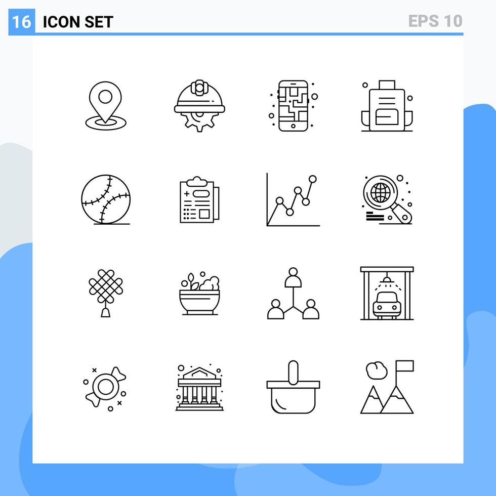 conjunto moderno de 16 contornos y símbolos como elementos de diseño de vectores editables de ruta de mochilero de mano de obra de bolsa de escuela
