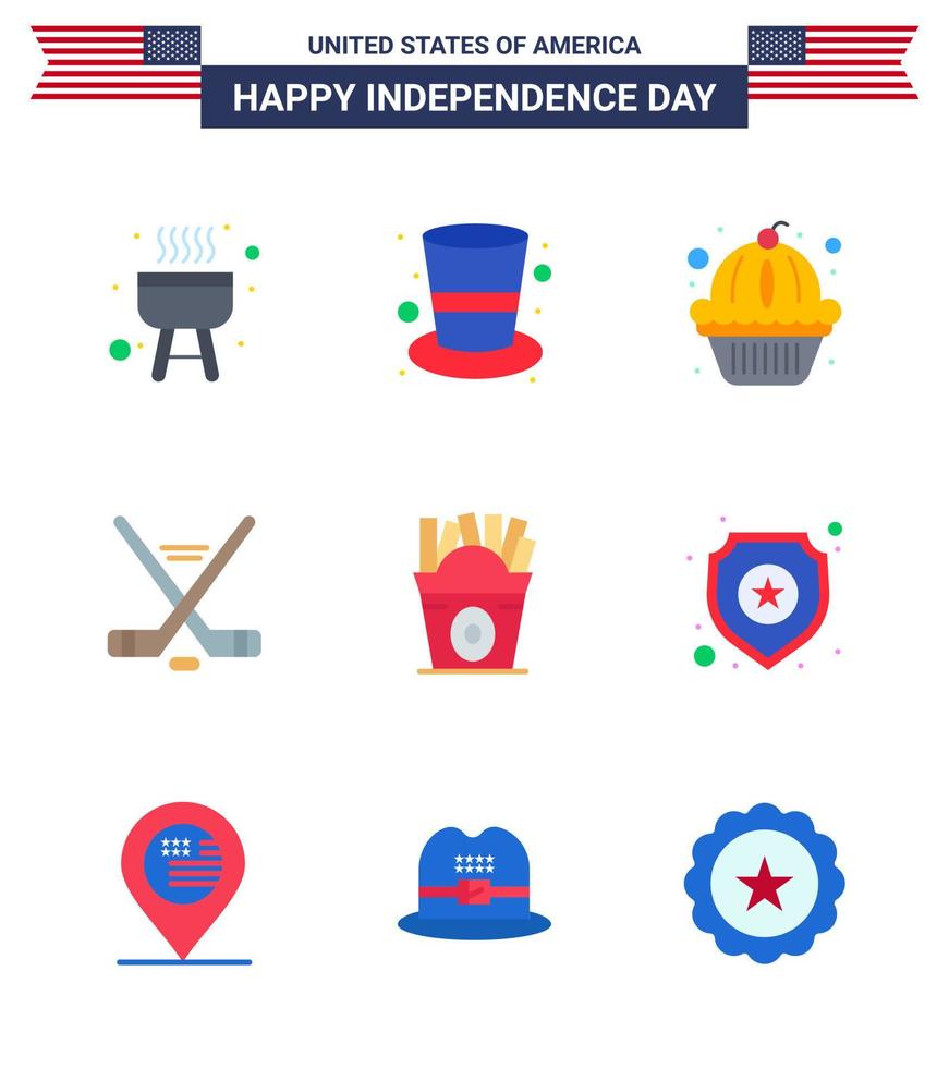 feliz día de la independencia paquete de iconos de 9 pisos para web e imprimir comida frise muffin deporte de hielo americano elementos de diseño vectorial del día de estados unidos editables vector