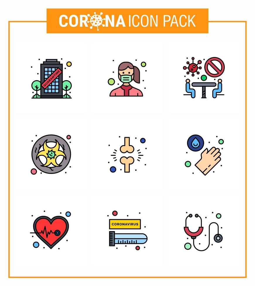 Coronavirus Precaution Tips icon for healthcare guidelines presentation 9 Filled Line Flat Color icon pack such as warning lab wear hazard team viral coronavirus 2019nov disease Vector Design Ele