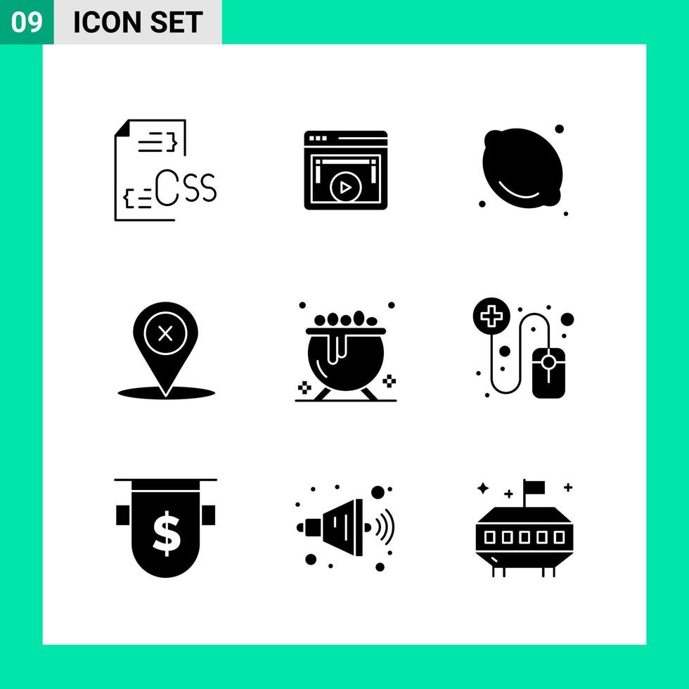 paquete de 9 símbolos de glifo de conjunto de iconos de estilo sólido para imprimir signos creativos aislados en fondo blanco 9 conjunto de iconos vector