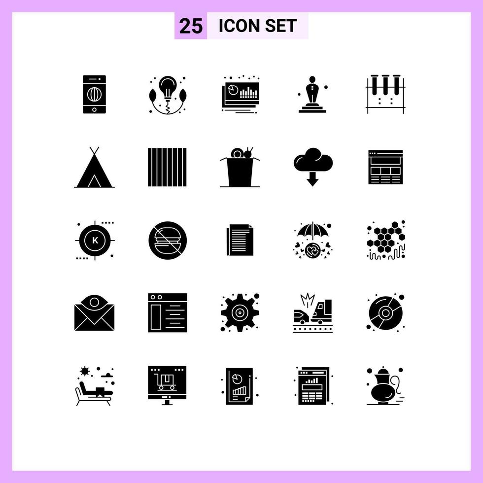 Mobile Interface Solid Glyph Set of 25 Pictograms of erlenmeyer flask oscar chart movie cinema Editable Vector Design Elements