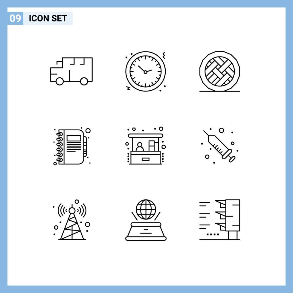 Mobile Interface Outline Set of 9 Pictograms of diary business watch book pie Editable Vector Design Elements