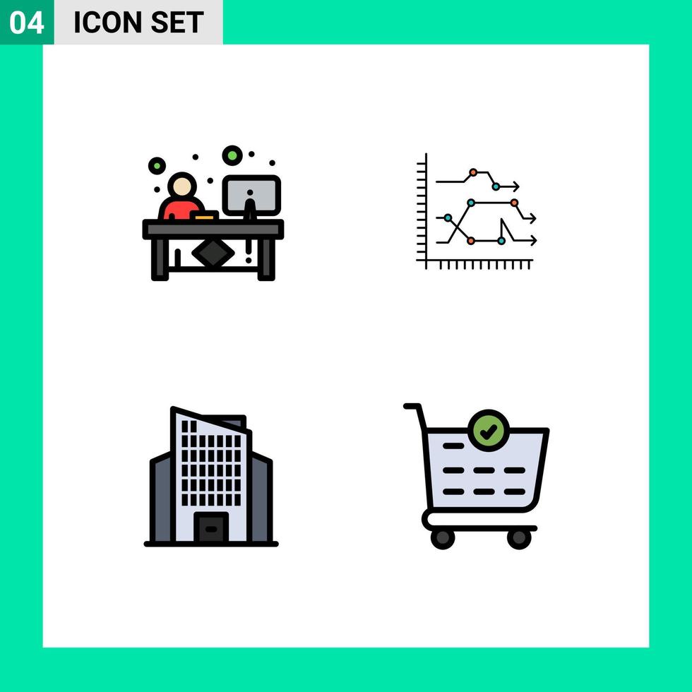 Group of 4 Modern Filledline Flat Colors Set for clerk graph front business building Editable Vector Design Elements