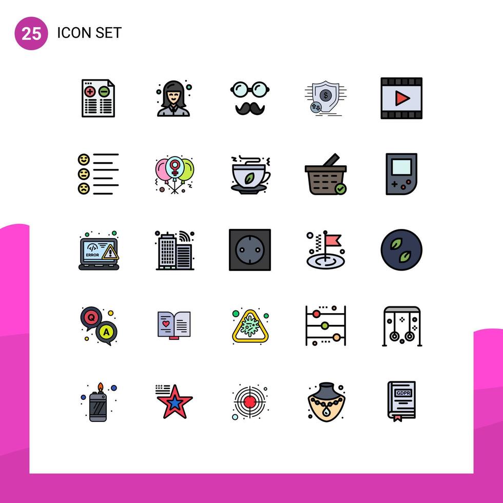 Group of 25 Modern Filled line Flat Colors Set for media secure avatar money finance Editable Vector Design Elements