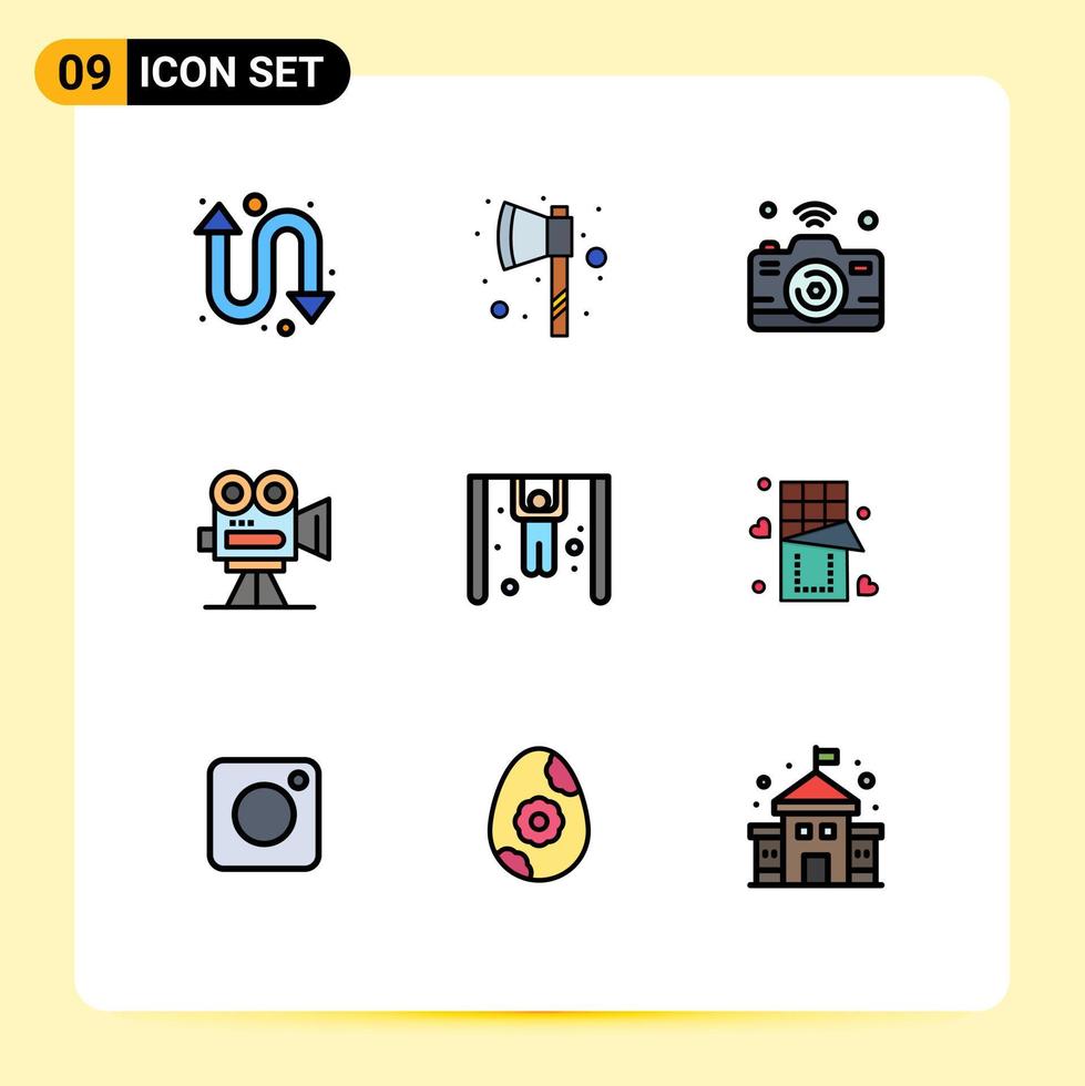 Universal Icon Symbols Group of 9 Modern Filledline Flat Colors of gymnast professional internet movie capture Editable Vector Design Elements