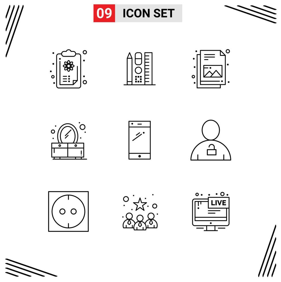 9 User Interface Outline Pack of modern Signs and Symbols of android smart phone document phone dresser Editable Vector Design Elements