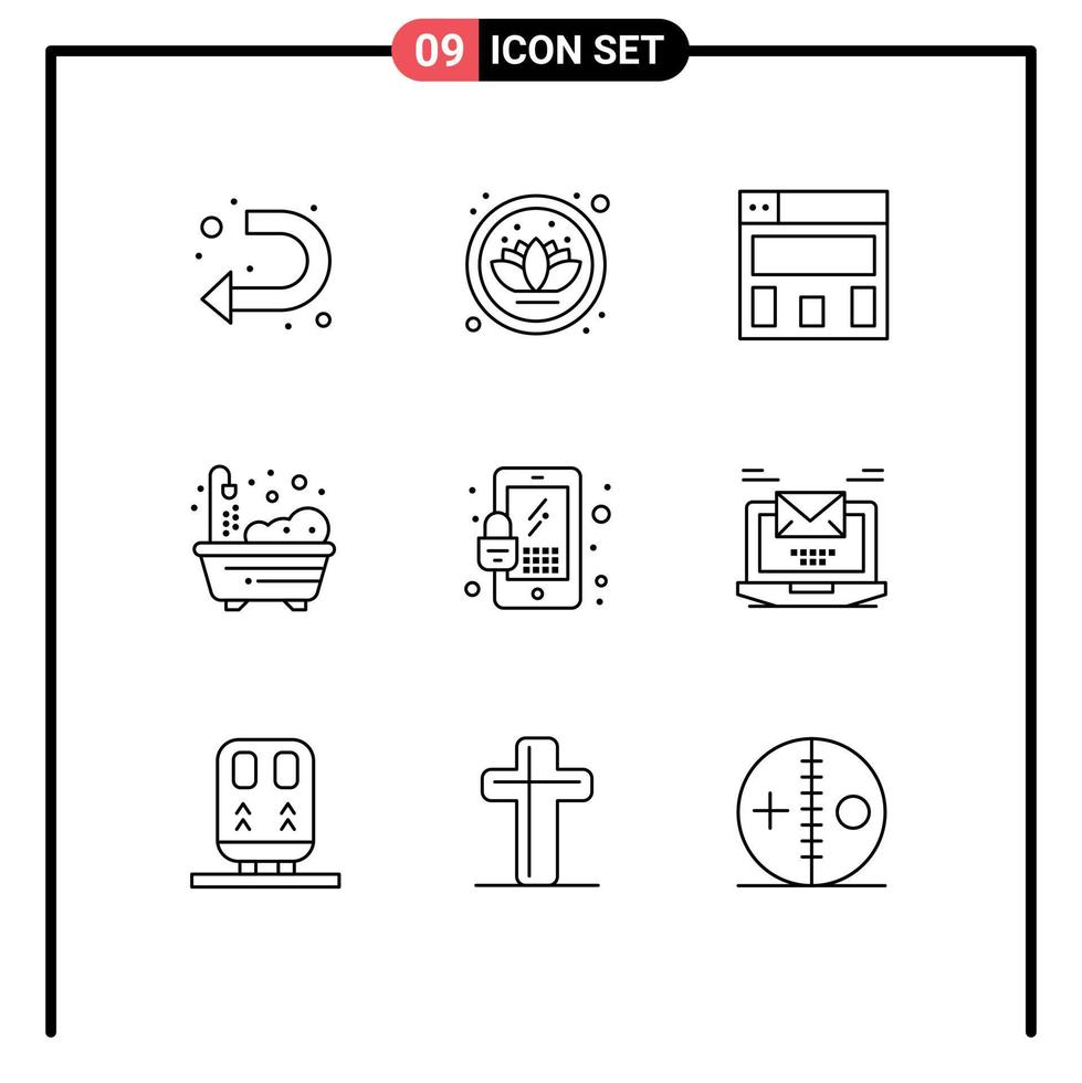 Pack of 9 Modern Outlines Signs and Symbols for Web Print Media such as mail computer layout security lock Editable Vector Design Elements